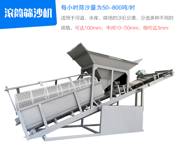 滾筒篩沙機(jī)適用于河道、水庫、煤場(chǎng)的沙石分離，分選多種不同的 規(guī)格，可達(dá)100mm，中間10-50mm，細(xì)可達(dá)3mm
